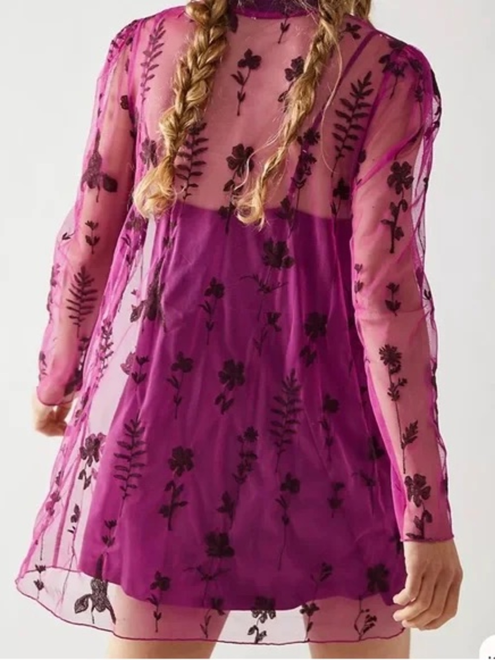 Free People Cecilia Sheer Floral Purple Mini Dress Large Whimsical Ethereal Boho - Picture 2 of 6
